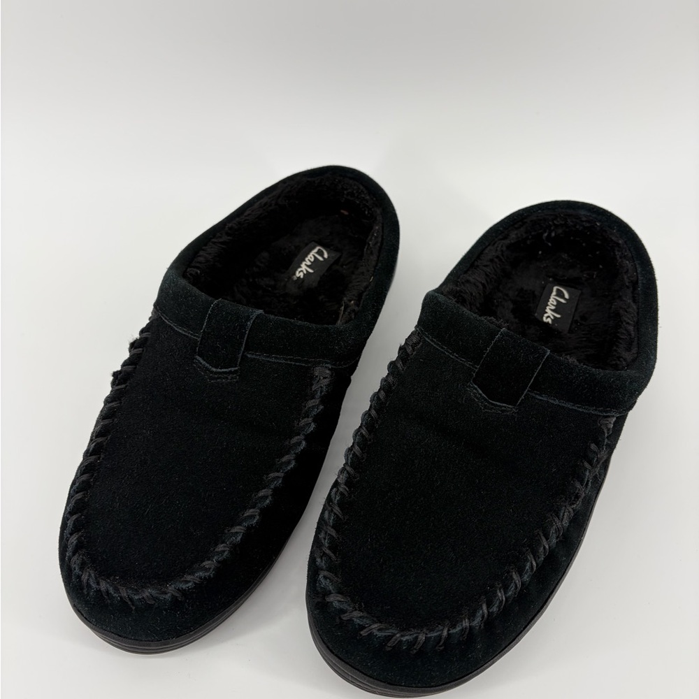 Clarks Suede Men's Faux-Fur Lined Clog Slippers Black 10M
